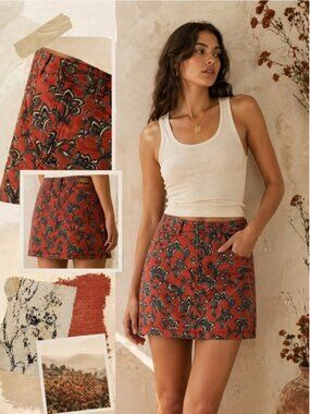 Anthropologie Pilcro and the Letterpress Paisley Coral Orange Denim Skirt Sz 31